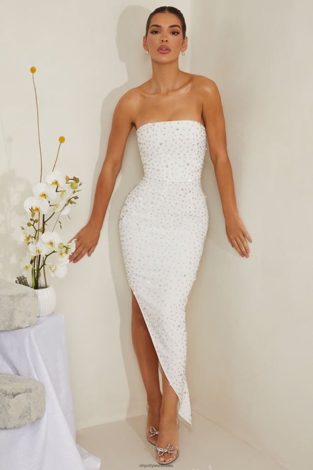 Ręcznie zdobiona asymetryczna sukienka midi vivica 2FZ0T219 biały Oh Polly