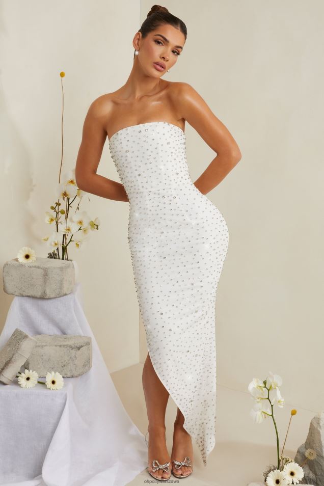 Ręcznie zdobiona asymetryczna sukienka midi vivica 2FZ0T219 biały Oh Polly