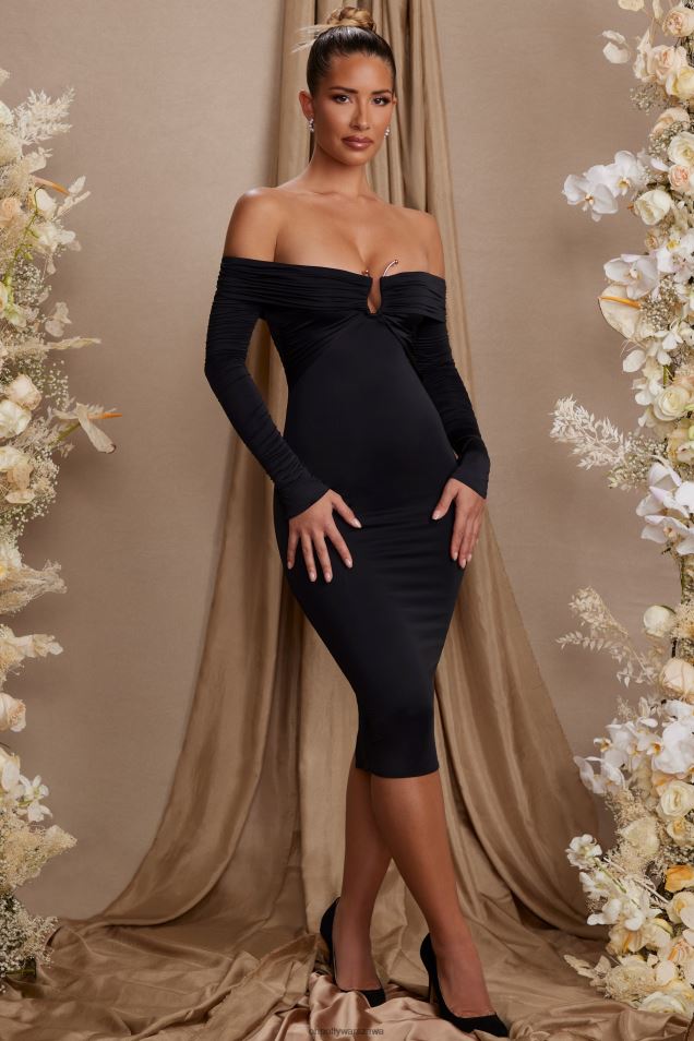 Sukienka midi z długimi rękawami i dekoltem bardot typu brigette 2FZ0T86 czarny Oh Polly