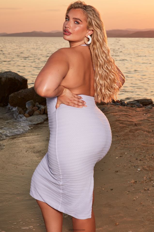 błękitna, szydełkowa sukienka midi z głębokim dekoltem 2FZ0T485 liliowy Oh Polly